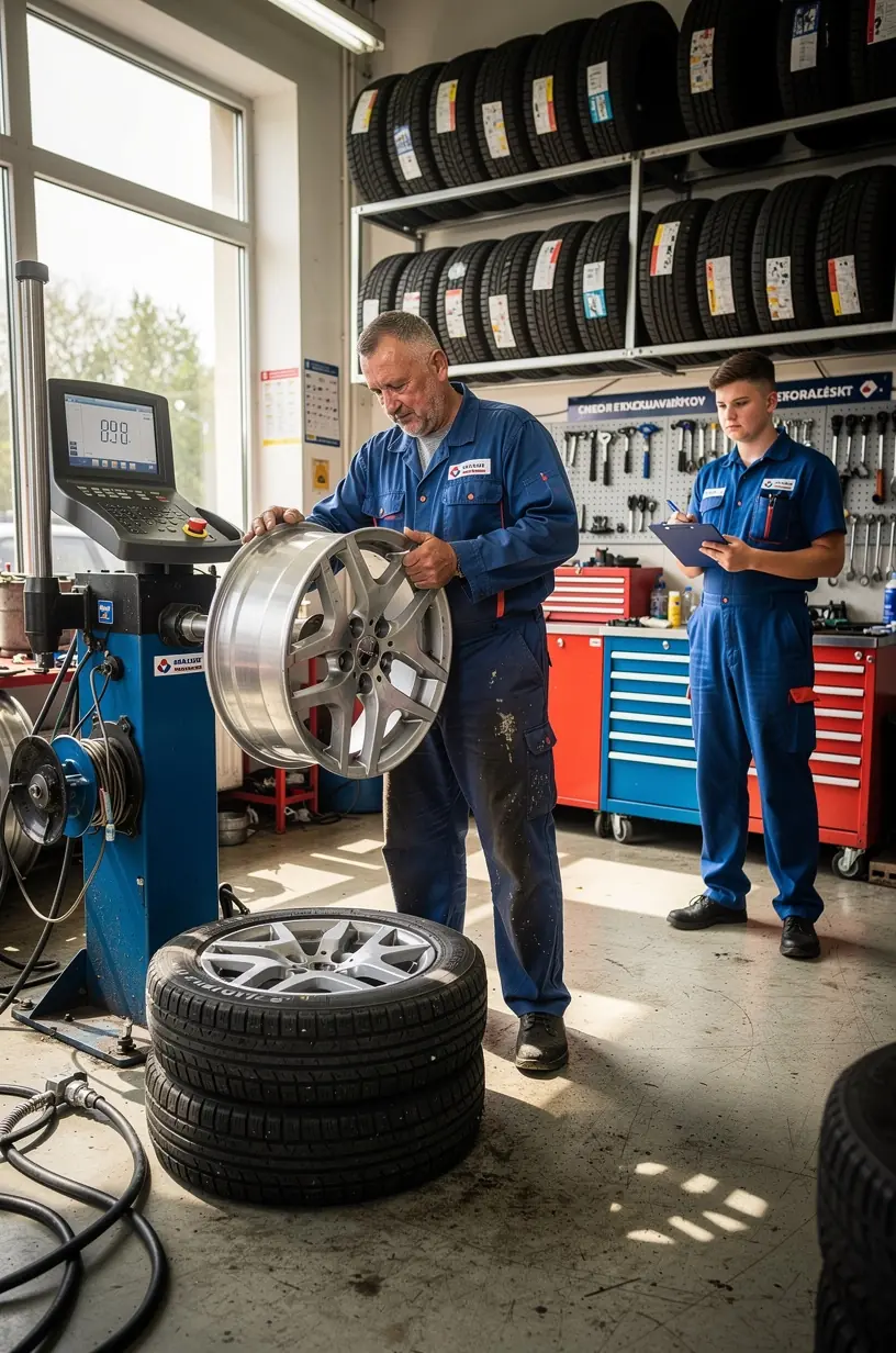 Skúsený technik kontroluje tlak v pneumatikách pred ich vyvážením a montážou v modernom pneuservise na Slovensku